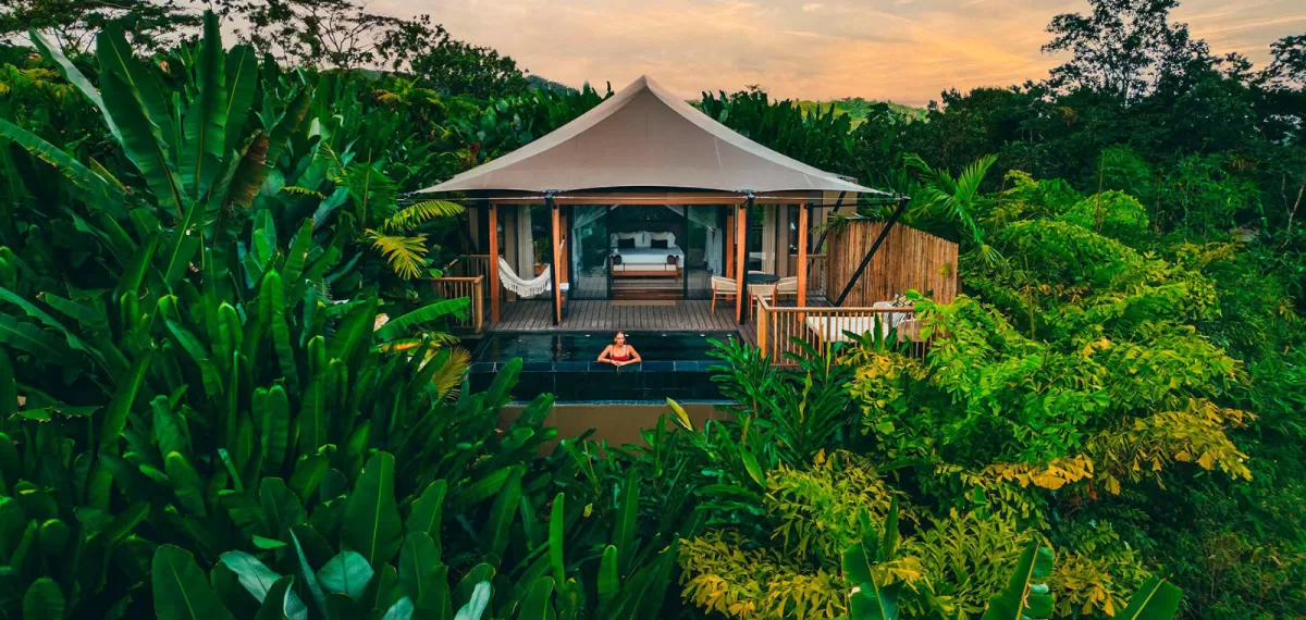Guest in an infinity pool before a canvas-roofed villa, surrounded by dense rainforest at sunset.