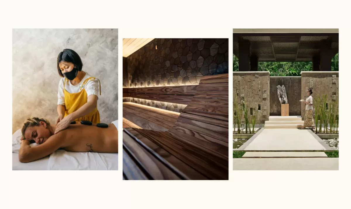 A three-photo showcase of wellness amenities: a guest receiving a hot stone massage, an interior view of a modern wooden sauna with hidden LED trim, and a resort worker carrying a tray along a stone path toward a tropical courtyard sculpture.
