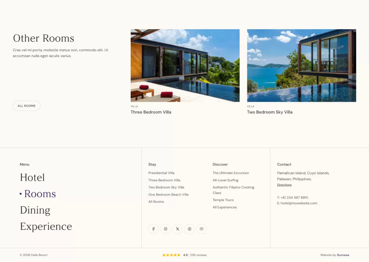 A webpage layout showing a comparison grid for other available rooms, highlighting the three-bedroom villa and the two-bedroom sky villa alongside a clean multi-column footer navigation.