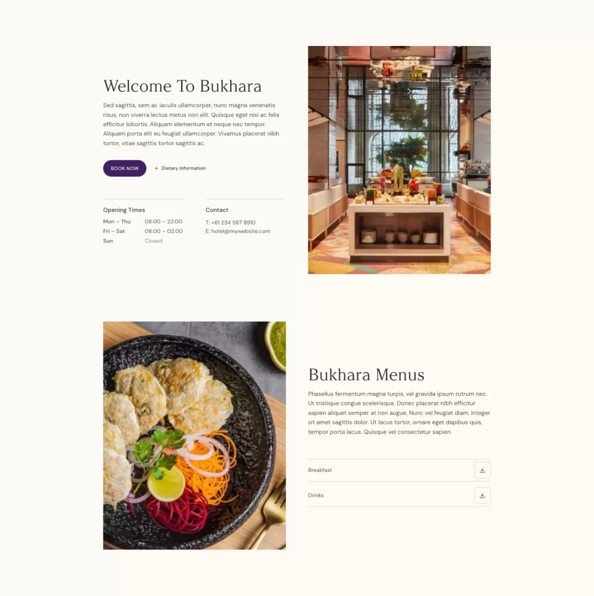 A dining page layout titled 'Welcome To Bukhara' featuring a bright restaurant interior with a central buffet station and a close-up of a colorful appetizer dish.