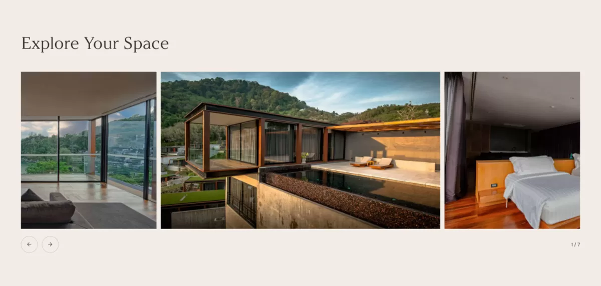 An 'Explore Your Space' three-image horizontal gallery slider on a webpage, showcasing an interior lounge view, an exterior view of a cantilevered pool villa at sunset, and an open-plan luxury bedroom.