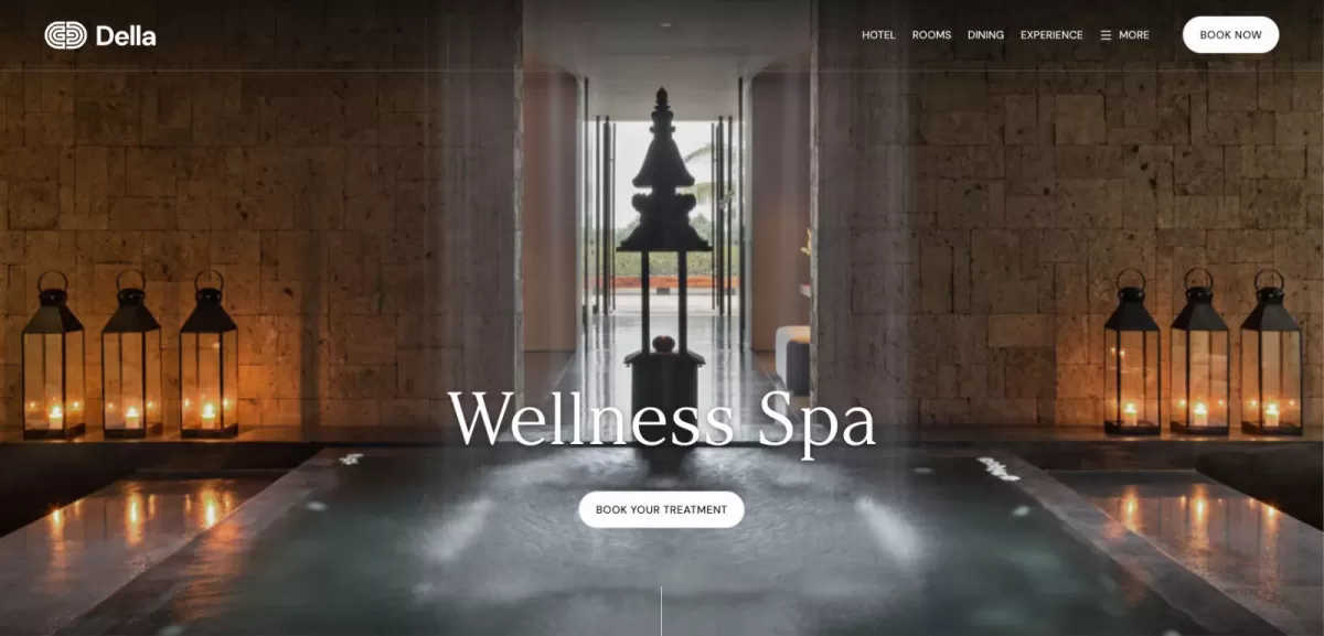 A full-width hero section for a Wellness Spa featuring a dramatic stone interior with lanterns, a central water feature, and a 'Book Your Treatment' button.