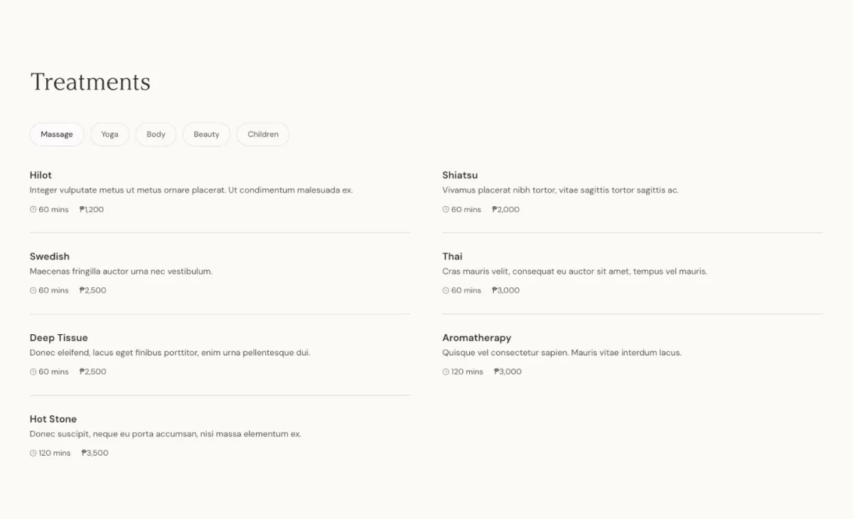 A website treatments menu section highlighting various spa services, including Hilot, Swedish, Deep Tissue, Hot Stone, Shiatsu, Thai, and Aromatherapy with corresponding durations and prices in Philippine Pesos.