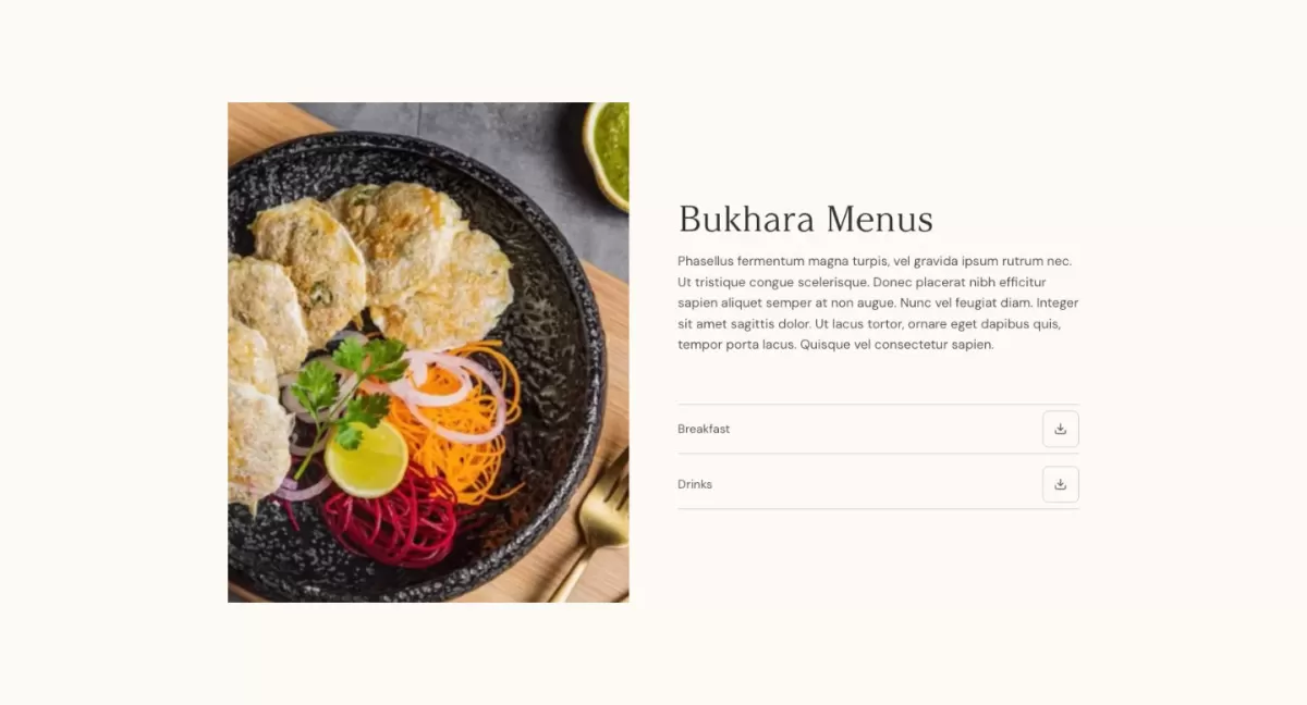 A webpage section titled Bukhara Menus showcasing a gourmet plate of stuffed flatbreads with a colorful side salad next to downloadable PDF menu links for Breakfast and Drinks.