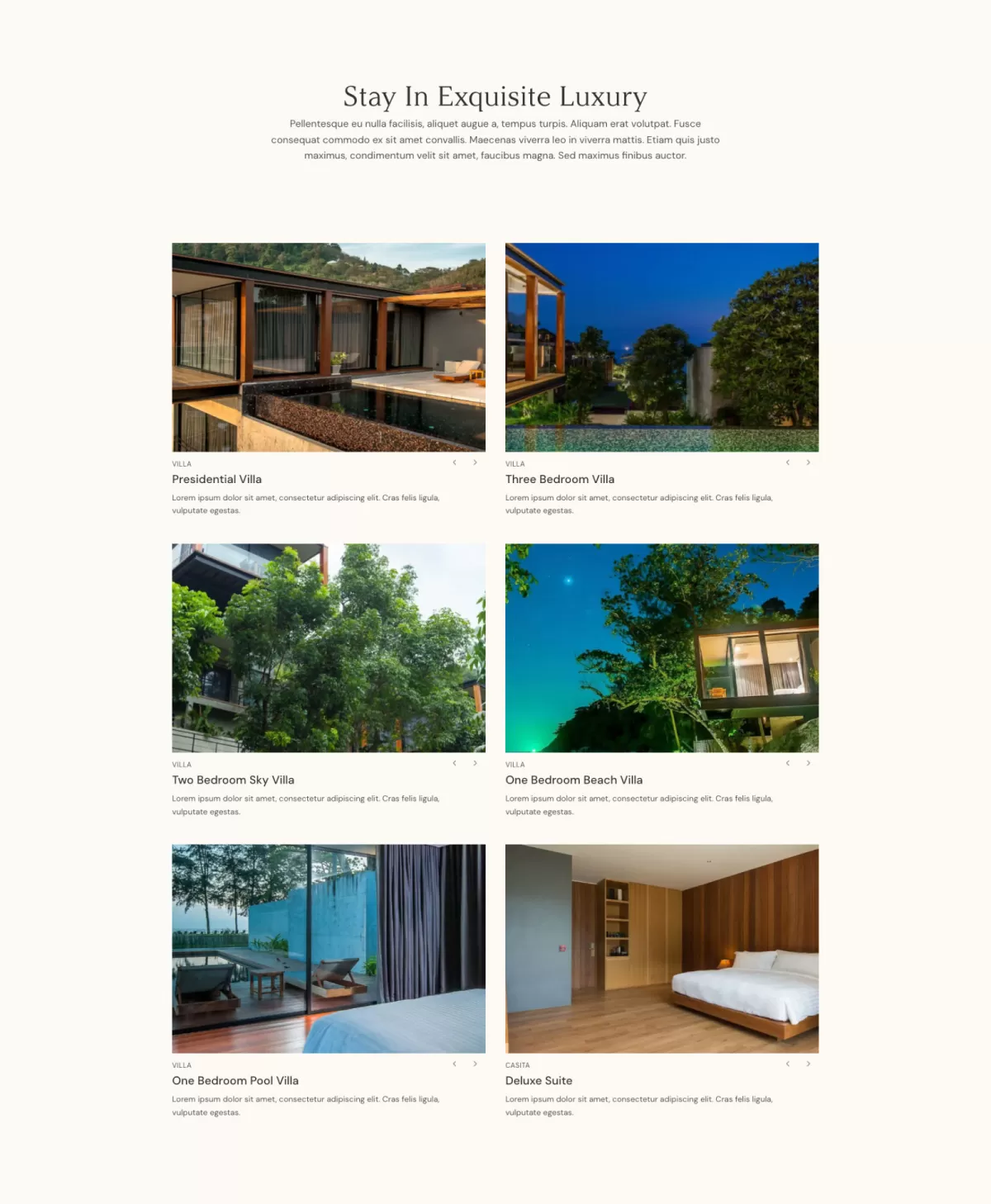 A clean website gallery layout titled 'Stay In Exquisite Luxury' featuring a grid of various resort villas including the Presidential Villa and Two Bedroom Sky Villa.