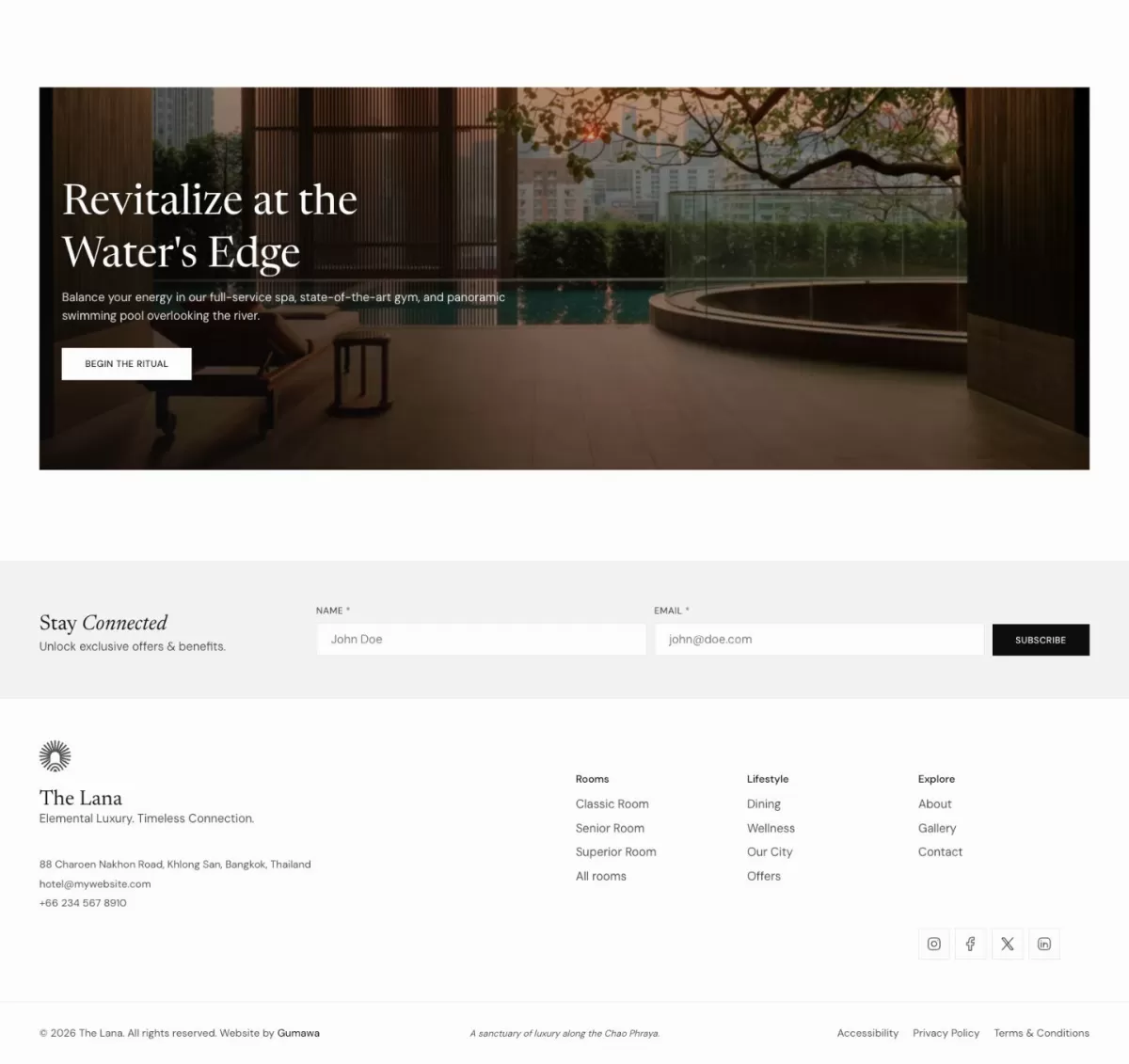 A website section titled 'Revitalize at the Water's Edge' showcasing a panoramic luxury outdoor swimming pool deck at dusk, complete with a dark wood lounge chair and a circular hot tub area.