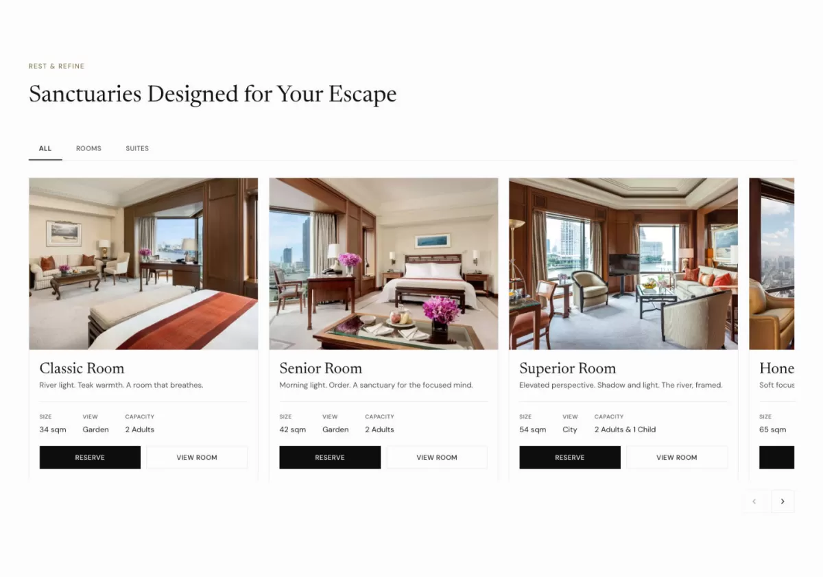 A website room selection section titled 'Sanctuaries Designed for Your Escape', displaying a horizontal slider comparison of the Classic Room, Senior Room, and Superior Room with their respective specifications.