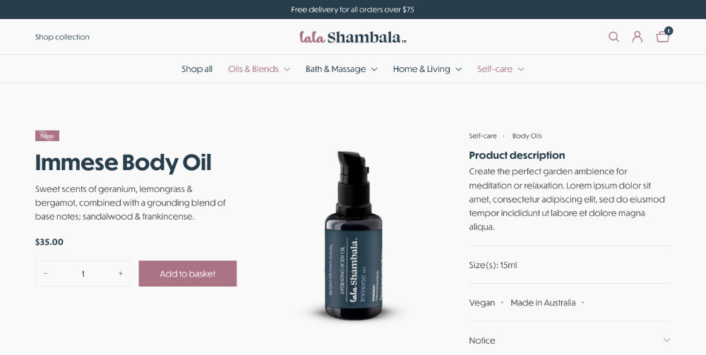 A screenshot of Lala Shambala, a premium pay monthly website for an Australia eCommerce store created by Gumawa